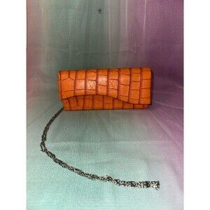 Orange Croc-Embossed Chain Clutch Shoulder Bag